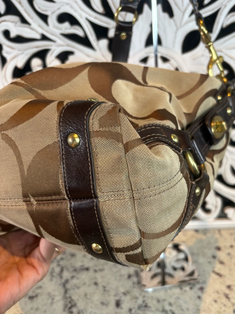 Coach Large Carly Signature Canvas Shoulder Bag in Brown and Tan #10620 - Picture 6 of 13